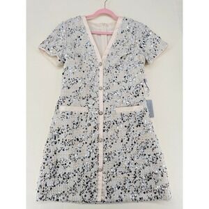 NEW Eliza J Sequin Tweed Mini Dress V-Neck Faux Pearl Buttons 12 Ivy NWT